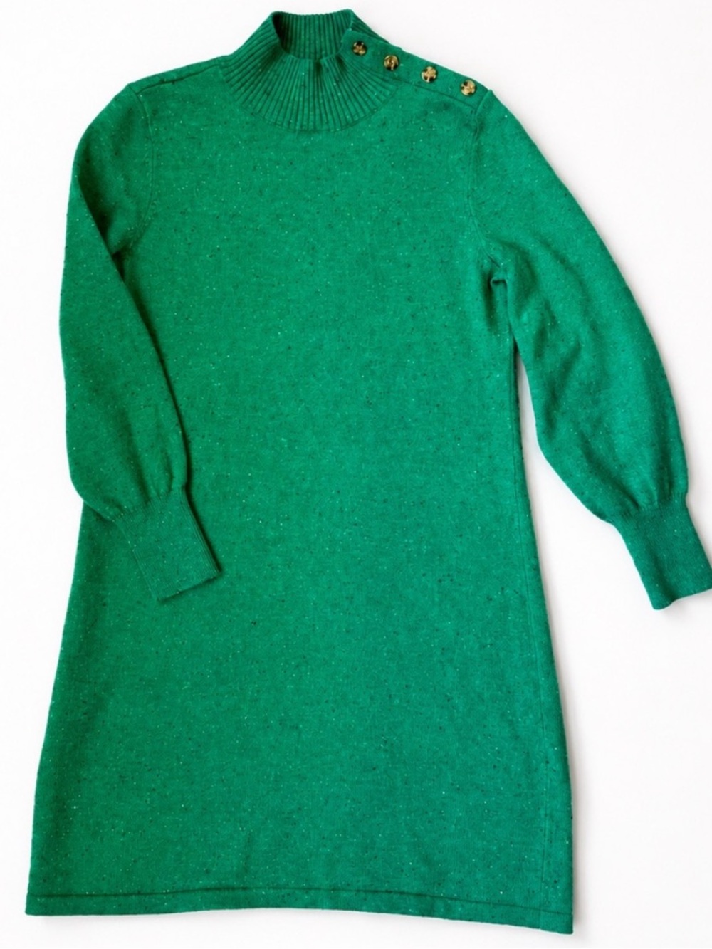Talbots MP Emerald Green Mock Neck Sweater Dress Tortoiseshell Button Shoulder